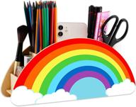 🌈 rainbow wooden pen holder pencil organizer - school home office supplies storage, classroom art caddy supply, makeup brush holder organization for kids, women, adults логотип