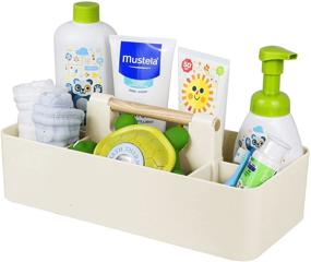 img 4 attached to 👶 Portable Baby Shower Caddy - Plastic Nursery Storage Organizer with Divided Bin, Wood Handle - Ideal for Bathroom, Dorm Room - Holds Hand Soap, Bottles, Spoons - Beige Color