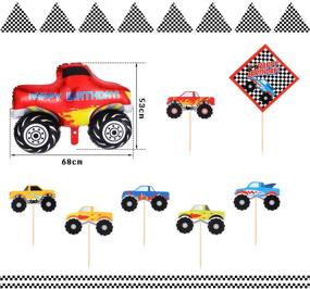 img 1 attached to Monster Truck Themed Birthday Party Supplies: 39-Piece Set with Happy Birthday Banner, Bunting Flags, Pom Poms, Swirls, Truck Balloons, Multicolor Balloons & Cupcake Toppers