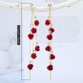 img 3 attached to 🌹 ANDPAI Unique Chic Long Tassel Chain Earrings: Red Purple Rose Flower Dangle Drop Studs with Sparkly Crystal for Women & Girls