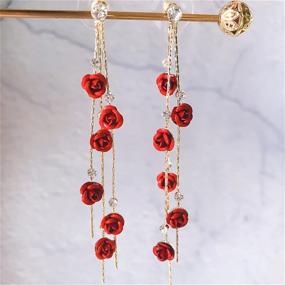 img 2 attached to 🌹 ANDPAI Unique Chic Long Tassel Chain Earrings: Red Purple Rose Flower Dangle Drop Studs with Sparkly Crystal for Women & Girls