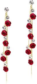 img 4 attached to 🌹 ANDPAI Unique Chic Long Tassel Chain Earrings: Red Purple Rose Flower Dangle Drop Studs with Sparkly Crystal for Women & Girls