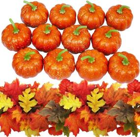 img 4 attached to 🎃 Decorate your Holidays with 12 PCS Artificial Pumpkins & 60 PCS Lifelike Maple Leaves: Halloween, Thanksgiving, Autumn Ornaments