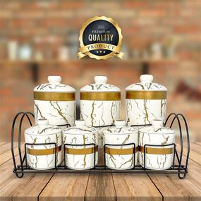 img 2 attached to MK Crew 8 Piece Ceramic Canister Jar Set with Stand, Airtight Lids | White Marble & Gold Design | Kitchen Food Storage Containers