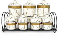 mk crew 8 piece ceramic canister jar set with stand, airtight lids | white marble & gold design | kitchen food storage containers логотип