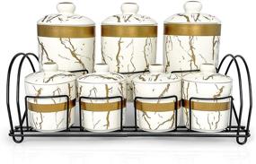 img 4 attached to MK Crew 8 Piece Ceramic Canister Jar Set with Stand, Airtight Lids | White Marble & Gold Design | Kitchen Food Storage Containers