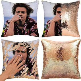 img 4 attached to 🧜 RongDX Reversible Sequin Mermaid Pillow Case 16"x16" - DIY Magic Cushion Cover featuring Harry Styles D in Champagne Gold