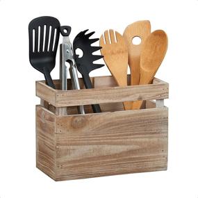 img 1 attached to 🍴 Barnyard Designs Rustic Wood Utensil Holder Caddy - Organize Your Kitchen Utensils in Style with this Primitive Country Farmhouse Decor, 9.5" x 6.75" (Brown)