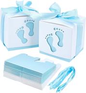 👶 ph pandahall 60 sets baby shower candy boxes - footprints folding boxes blue paper gift box with ribbon - party table décor, birthday party, gift favor (2.4 x 2.4 x 2.4 inch) logo