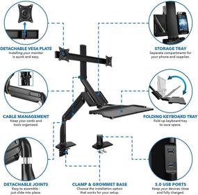 img 1 attached to 🖥️ Mount-It! Dual Monitor Sit Stand Workstation: Height Adjustable Standing Desk Converter with Gas Spring Arm, USB 3.0 Ports, VESA, and C-Clamp/Grommet Base