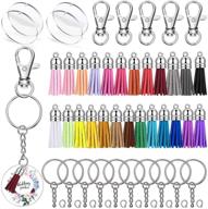 diy crafts supplies bundle: 25 pcs of acrylic keychain blanks, 10 clear 2 inch circle discs, 100 colorful leather tassel pendants, 25 swivel snap hooks, 25 metal keychain rings and 25 jump rings logo