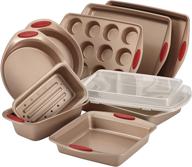 🍪 rachael ray cucina nonstick bakeware set - baking essentials for cookies, cakes, muffins, breads - 10 piece, latte brown with cranberry red grips logo