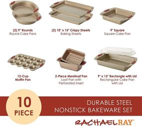 img 3 attached to 🍪 Rachael Ray Cucina Nonstick Bakeware Set - Baking Essentials for Cookies, Cakes, Muffins, Breads - 10 Piece, Latte Brown with Cranberry Red Grips