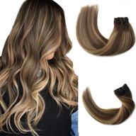 ombre human hair clip in extensions - medium brown #4/27 with strawberry blonde highlights | brazilian silky straight hair | full head 7pcs/set 120g | 20 inches, 4t4/27 logo