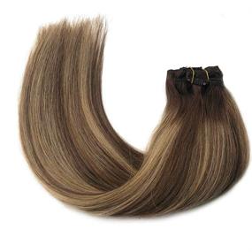 img 1 attached to Ombre Human Hair Clip in Extensions - Medium Brown #4/27 with Strawberry Blonde Highlights | Brazilian Silky Straight Hair | Full Head 7pcs/Set 120g | 20 inches, 4T4/27