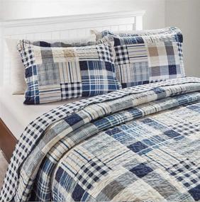 img 2 attached to 🔷 Sunshine Blue Plaids Patchwork Quilt Set - Reversible Bedspread, Lightweight Coverlet, Full/Queen Size - All-Season, Brilliant Blue