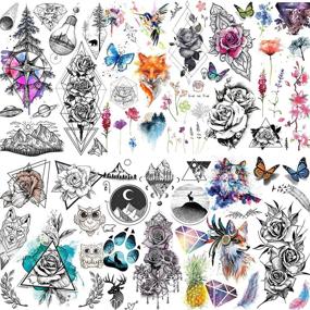 img 4 attached to 🌸 Yezunir 6 Sheets Watercolor Flower Temporary Tattoos For Women Girls Lavender Sweetpea Diamond Glitter Face Fake Tattoos Women Rose Floral Geometric Butterfly Feather Birds Tatoos Set