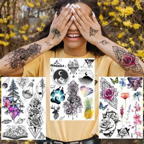 img 3 attached to 🌸 Yezunir 6 Sheets Watercolor Flower Temporary Tattoos For Women Girls Lavender Sweetpea Diamond Glitter Face Fake Tattoos Women Rose Floral Geometric Butterfly Feather Birds Tatoos Set