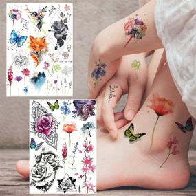 img 2 attached to 🌸 Yezunir 6 Sheets Watercolor Flower Temporary Tattoos For Women Girls Lavender Sweetpea Diamond Glitter Face Fake Tattoos Women Rose Floral Geometric Butterfly Feather Birds Tatoos Set