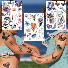 img 1 attached to 🌸 Yezunir 6 Sheets Watercolor Flower Temporary Tattoos For Women Girls Lavender Sweetpea Diamond Glitter Face Fake Tattoos Women Rose Floral Geometric Butterfly Feather Birds Tatoos Set