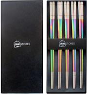 🥢 emrstores stainless steel chopsticks - premium titanium plated metal chopsticks - pack of 5 dishwasher safe reusable chopsticks - lightweight square design - easy to use - ideal gift set logo