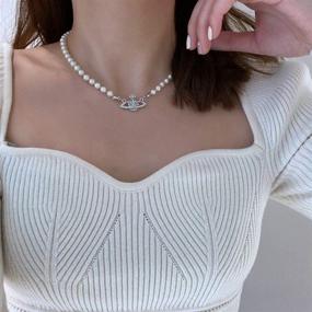 img 3 attached to 💎 Stunning CASDAN Saturn White Faux Pearl Jewelry Set: Necklace, Bracelet & Earrings for Women