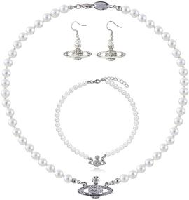 img 4 attached to 💎 Stunning CASDAN Saturn White Faux Pearl Jewelry Set: Necklace, Bracelet & Earrings for Women