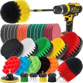 img 4 attached to 🧽 Holikme 37 Piece Drill Brush Attachments Set, Scrub Pads & Sponge, Power Scrubber Brush with Extended Long Attachment for All-Purpose Cleaning of Grout, Tiles, Sinks, Bathtub, Bathroom, Kitchen - Yellow