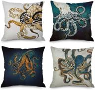 🐙 set of 4, ink painting marine octopus squid sea animals cotton linen decorative throw pillow case personalized cushion cover for sofa couch bed square 18 x 18 inches (set of 4)¡­ logo