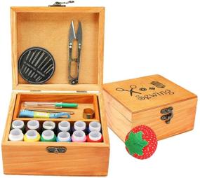 img 4 attached to Универсальная деревянная швейная коробка с аксессуарами для взрослых - домашний набор для начинающих швейных работ для женщин и мужчин.