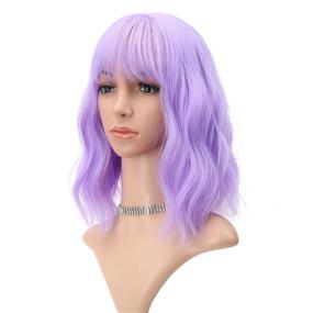 img 4 attached to FAELBATY Wavy Wig: Air Bangs, Shoulder Length, 👻 Purple - Perfect Costume Wig for Halloween and Cosplay