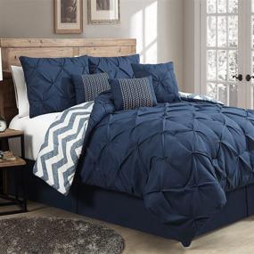img 4 attached to 🌙 Ella Pinch Pleat Comforter Set - Avondale Manor 7-Piece Reversible King Bedding in Navy