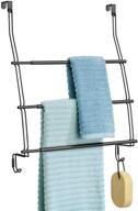 mdesign expandable metal over door towel storage shelf organizer rack holder - 3 tier, 2 large hooks - organizes bathroom towels, washcloths, hand towels, loofahs, sponges - matte black logo