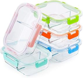 img 4 attached to 🍱 Durable Glass Meal Prep Containers 2 Compartment Set, 5-Pack – Perfect for Portion Control, 34oz Capacity, Glass Bento Boxes for Adults – Divided Glass Lunch Containers with Secure Lids