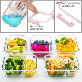 img 2 attached to 🍱 Durable Glass Meal Prep Containers 2 Compartment Set, 5-Pack – Perfect for Portion Control, 34oz Capacity, Glass Bento Boxes for Adults – Divided Glass Lunch Containers with Secure Lids