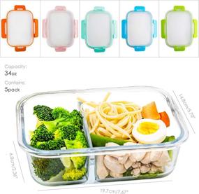 img 3 attached to 🍱 Durable Glass Meal Prep Containers 2 Compartment Set, 5-Pack – Perfect for Portion Control, 34oz Capacity, Glass Bento Boxes for Adults – Divided Glass Lunch Containers with Secure Lids