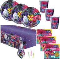 🎉 trolls themed birthday party pack - tablecover, plates, cups, napkins, candles - serves 16 логотип