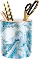 stylish marble pencil holder for desk: waveyu pen cup organizer, elegant ceramic design for office, classroom, blue logo