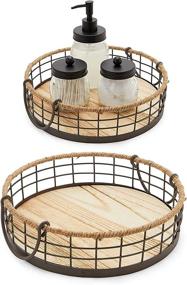 img 4 attached to 🏡 Farmhouse Decor Round Wooden Wire Basket Trays with Handles - Available in 2 Sizes, 2 Pack