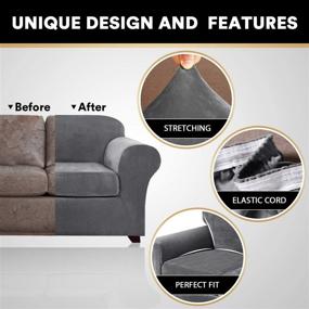 img 3 attached to 🛋️ Stretch Velvet Couch Covers Set - 4 Piece Sofa Slipcovers with 2 Non Slip Straps - Thick and Soft - Furniture Covers with Individual Seat Cushion Covers - Large, Grey