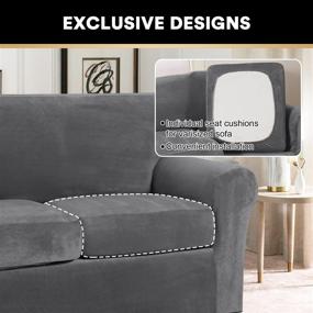 img 1 attached to 🛋️ Stretch Velvet Couch Covers Set - 4 Piece Sofa Slipcovers with 2 Non Slip Straps - Thick and Soft - Furniture Covers with Individual Seat Cushion Covers - Large, Grey