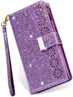 💜 stylish & functional purple kudex iphone 12 pro max case wallet with card holder - glitter flip pu leather magnetic kickstand zipper wallet case! logo