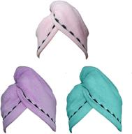 👒 super absorbent microfiber hair towel wrap turban 3 pack - quick dry hair hat, wrapped bath cap with lace grooming - 26inch/10inch logo