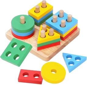 img 4 attached to Montessori Wooden Shape Sorter & Stacking Toys for Boys, Girls, and Toddlers (1-3 Years), Learning & Educational Color Recognition Stacker, Baby Puzzles Gift