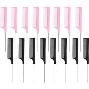 img 4 attached to Stylish 16-Piece Metal Rat Tail Combs: Salon-Grade Pintail & Fiber Back Combs for Flawless Hair Styling at Home and Salon (Black and Pink)