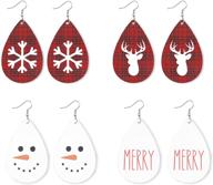 4 pairs red and white merry christmas theme teardrop leather drop earrings featuring snowflake, reindeer, snowman, and kilt grid print patterns - dangle xmas jewelry for women and girls (b white) logo