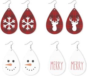 img 1 attached to 4 Pairs Red and White Merry Christmas Theme Teardrop Leather Drop Earrings featuring Snowflake, Reindeer, Snowman, and Kilt Grid Print Patterns - Dangle Xmas Jewelry for Women and Girls (B white)