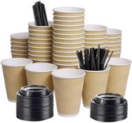 springpack 12oz 100 packs insulated kraft ripple wall disposable to go paper coffee cups with lids & straws - 100 count 12 oz for office parties, home, travel logo