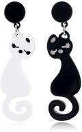 🐱 women's girls' acrylic cat dangle earrings - funny cartoon cat design, long asymmetrical black and white cat animal earrings logo