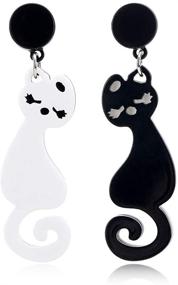 img 1 attached to 🐱 Women's Girls' Acrylic Cat Dangle Earrings - Funny Cartoon Cat Design, Long Asymmetrical Black and White Cat Animal Earrings